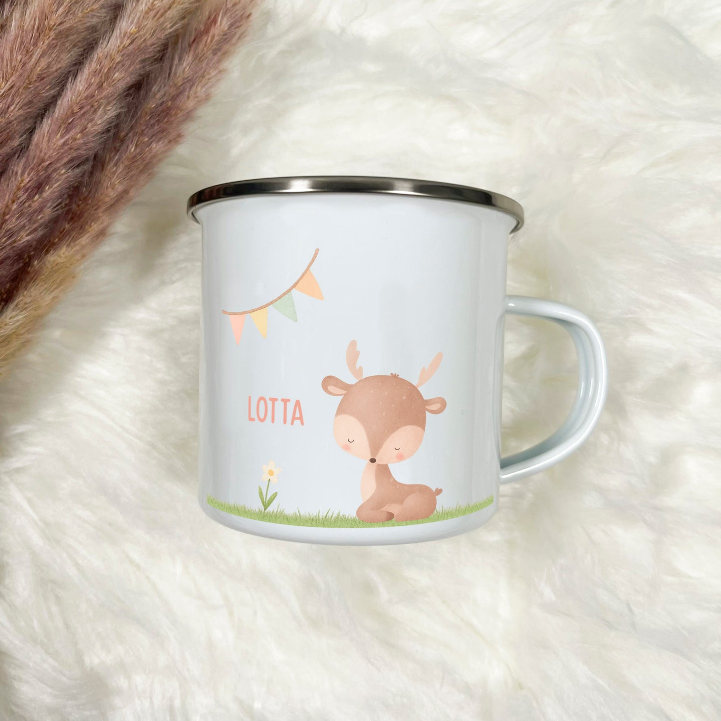 Emaille Tasse Tiere im Gras