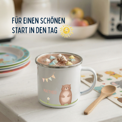 Emaille Tasse Tiere im Gras