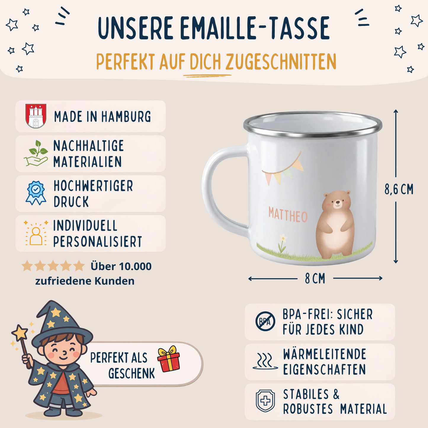 Emaille Tasse Tiere im Gras