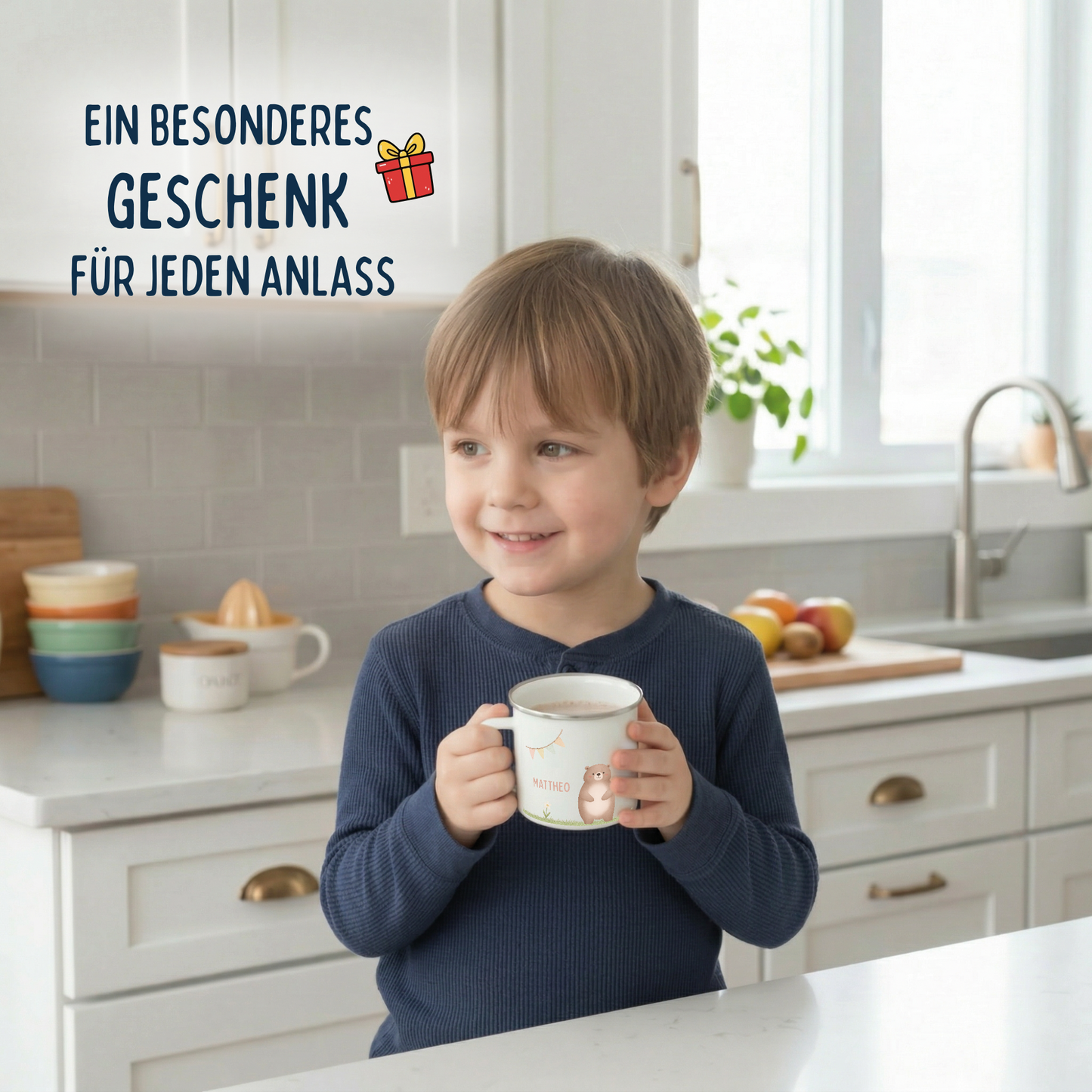 Emaille Tasse Tiere im Gras