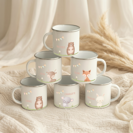 Emaille Tasse Tiere im Gras
