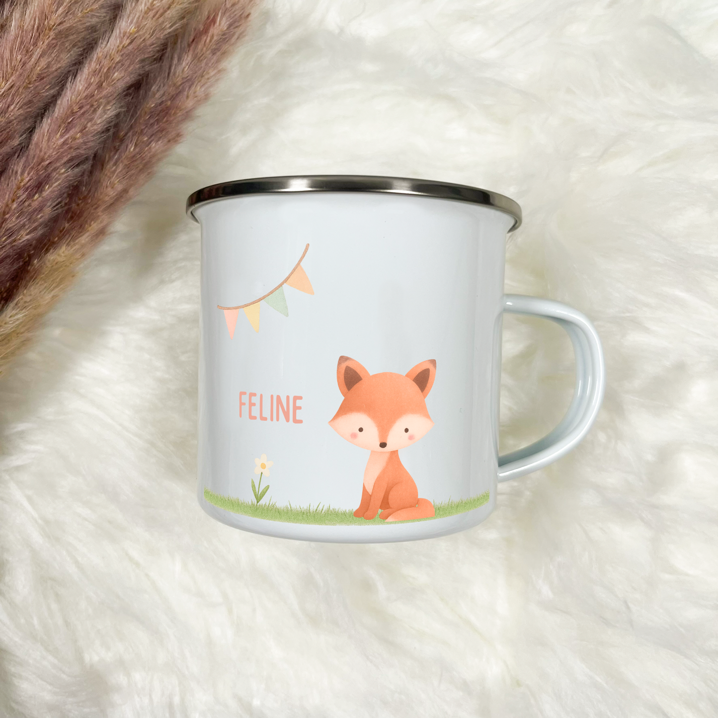 Emaille Tasse Tiere im Gras