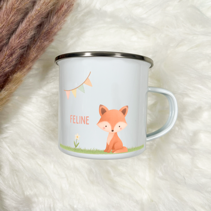 Emaille Tasse Tiere im Gras