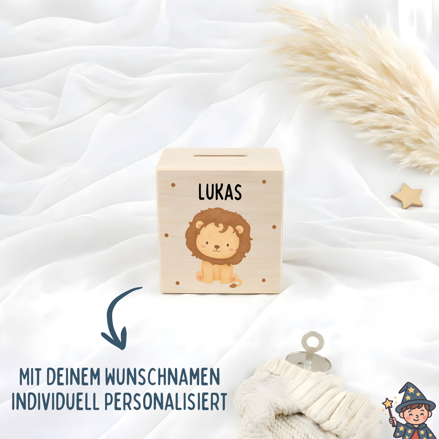 Holzspardose Tiere mit Punkten