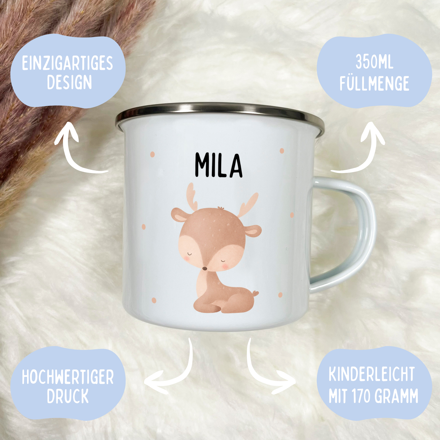 Emaille Tasse Tiere mit Punkten