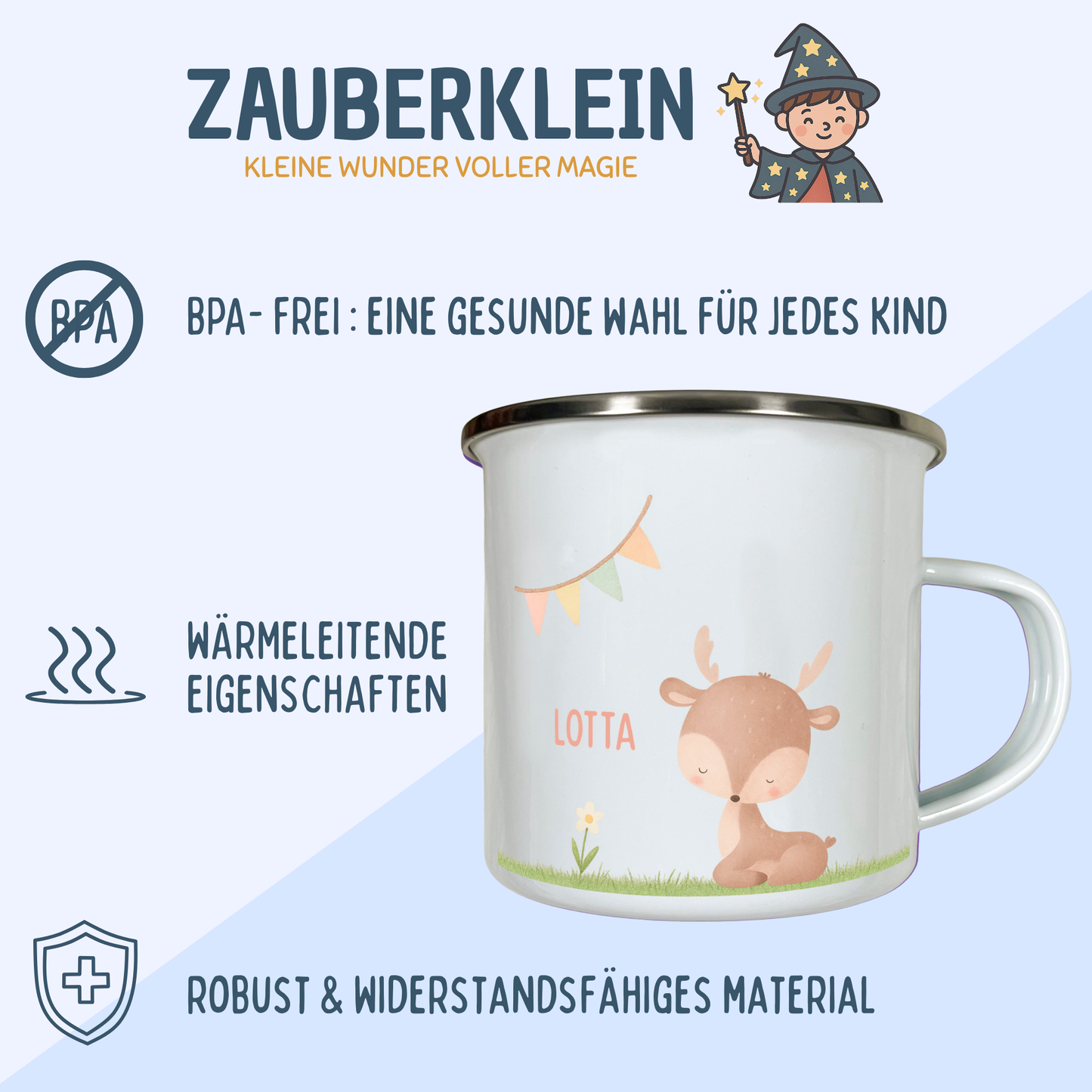 Emaille Tasse Tiere im Gras