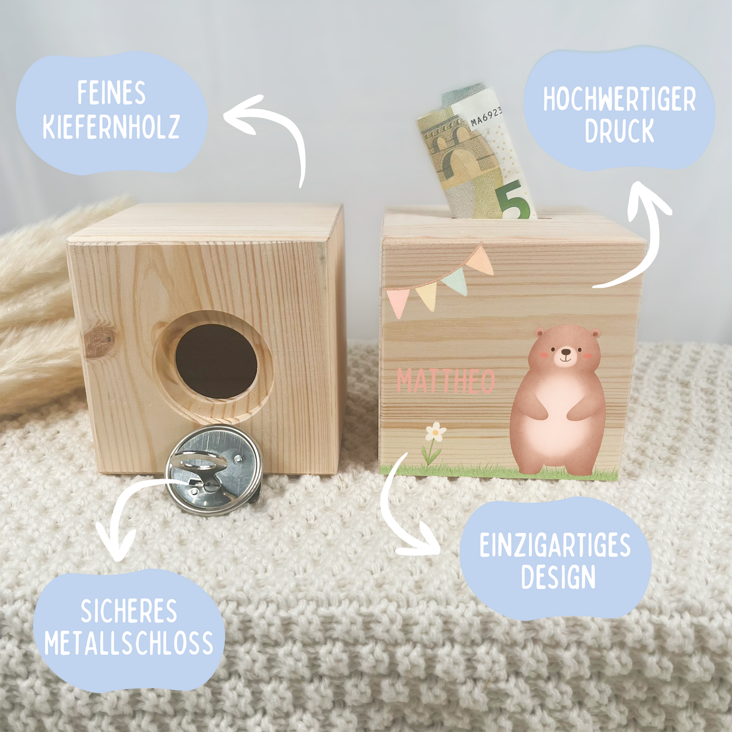 Holzspardose Tiere auf Gras