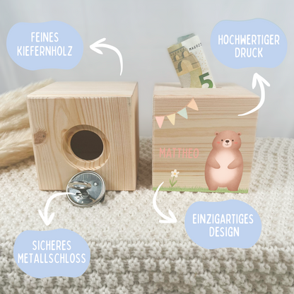 Holzspardose Tiere auf Gras