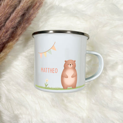 Emaille Tasse Tiere im Gras