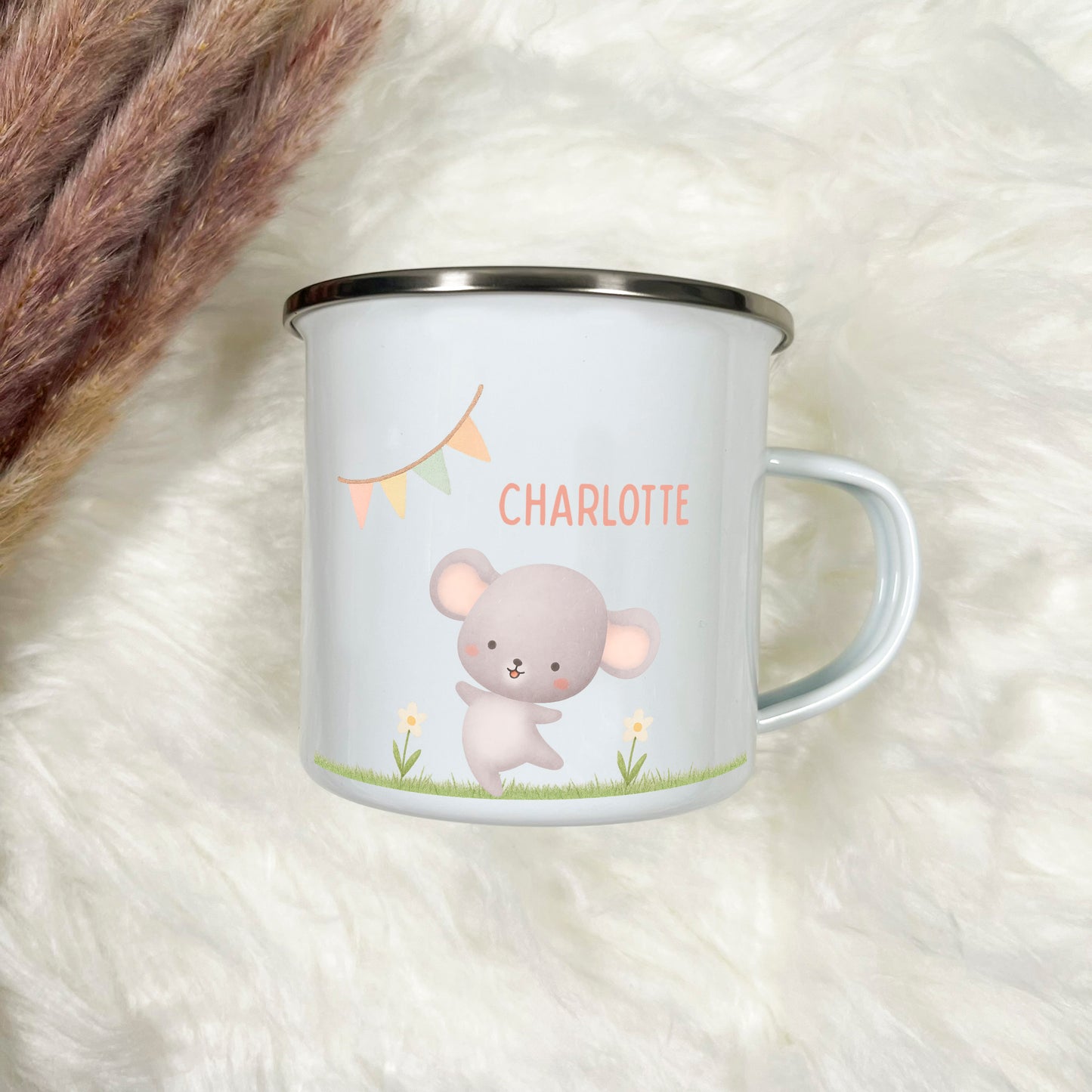 Emaille Tasse Tiere im Gras