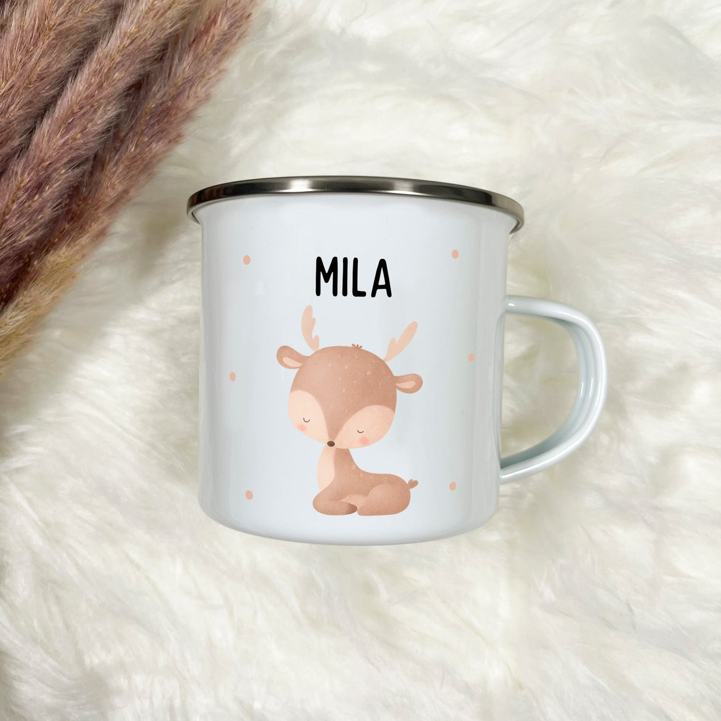 Emaille Tasse Tiere mit Punkten