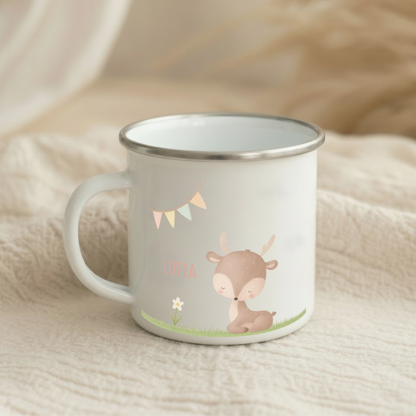 Emaille Tasse Tiere im Gras