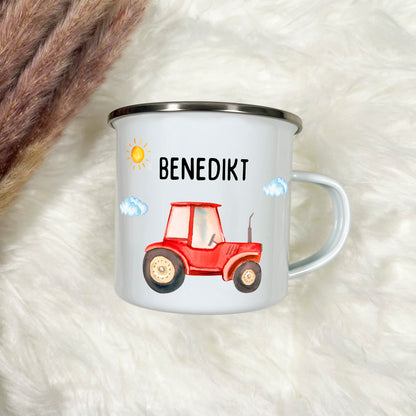 Emaille Tasse Traktor