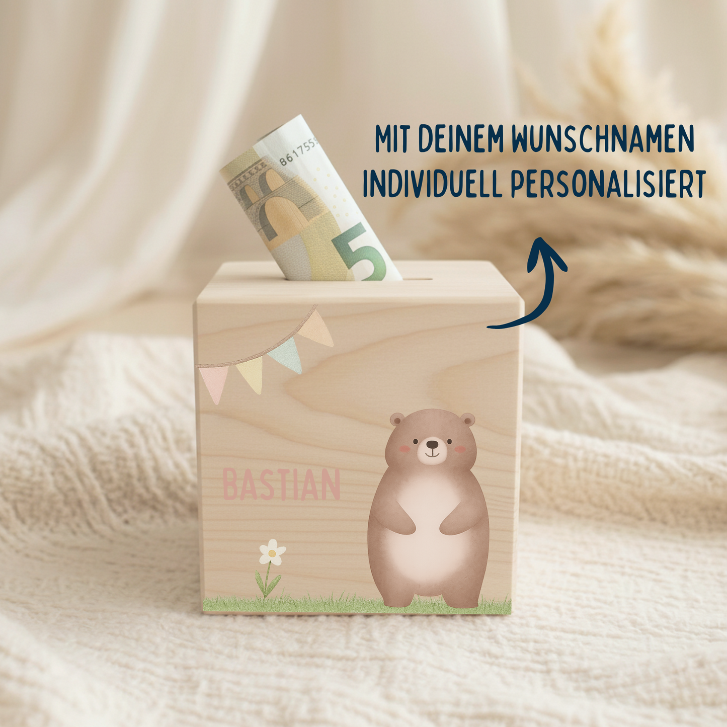 Holzspardose Tiere auf Gras